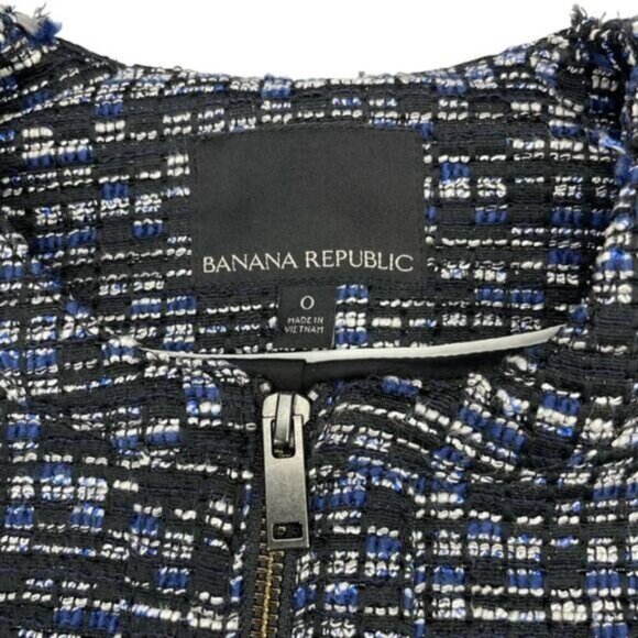 BANANA REPUBLIC Tweed Fringe Boucle Zip Navy Jacket Womens Size 0 - Picture 4 of 6